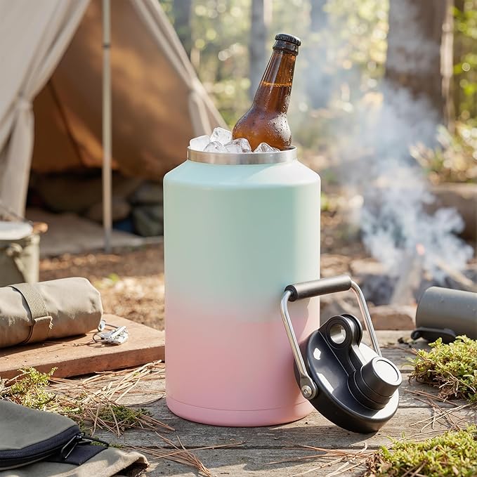 Kerilyn Insulated Gallon Jug with Handle, One Gallon, 128oz Stainless Steel, Large Double Vacuum Water Bottle for Hot & Cold Drinks, Wide Mouth, Sweat Proof, Great for Travel, Camping, Tricolor