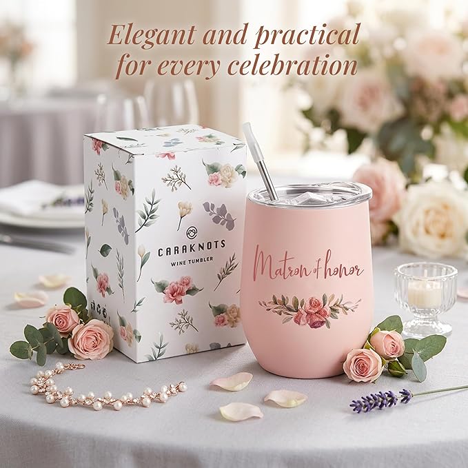 CARAKNOTS Matron of Honor Gifts Bridesmaid Tumbler Bridesmaid Proposal Gifts Wedding Wine Tumbler for Engagement Bachelorette Party Pink Stainless Steel Tumblers with Lid and Straw 12 oz