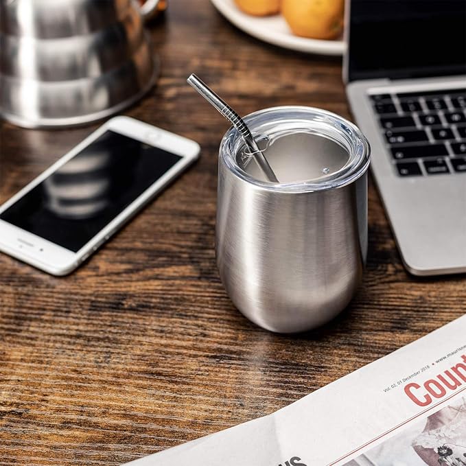 COMOOO 12oz Insulated Wine tumbler with Lid, Stainless Steel Stemless Wine Tumbler Glass,Double Wall Vacuum Wine Tumbler Cups with Straw Coffee, Cocktails,Beer,Champaign Silver, 8 Pack