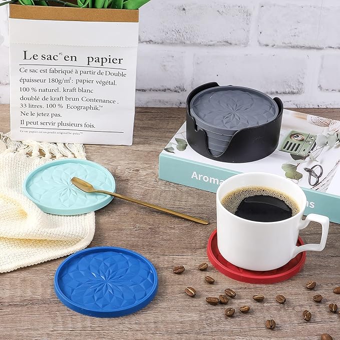 ME.FAN Silicone Coasters with Holder,[6 Pack] Drinking Coasters - Cup Mat for Hot or Cold Drinks, Thickened, Non-Slip, Non-stick,Deep Tray Navy Blue