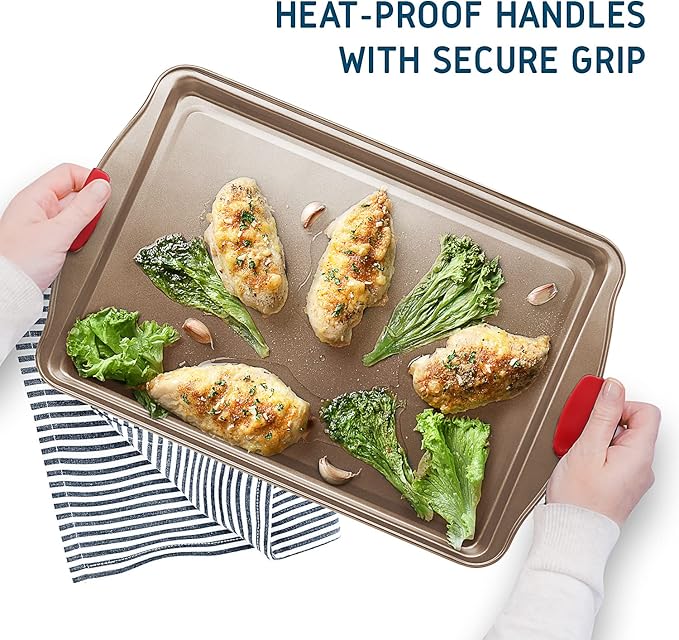 Baking Sheet Set, 3-Piece Cookie Sheet Set with Silicone Handles, Steel Baking Pans Set, Durable Baking Sheets for Oven, BPA Free Cookie Sheets for Baking Nonstick Set, Sheet Pan - Bronze Baking Pan