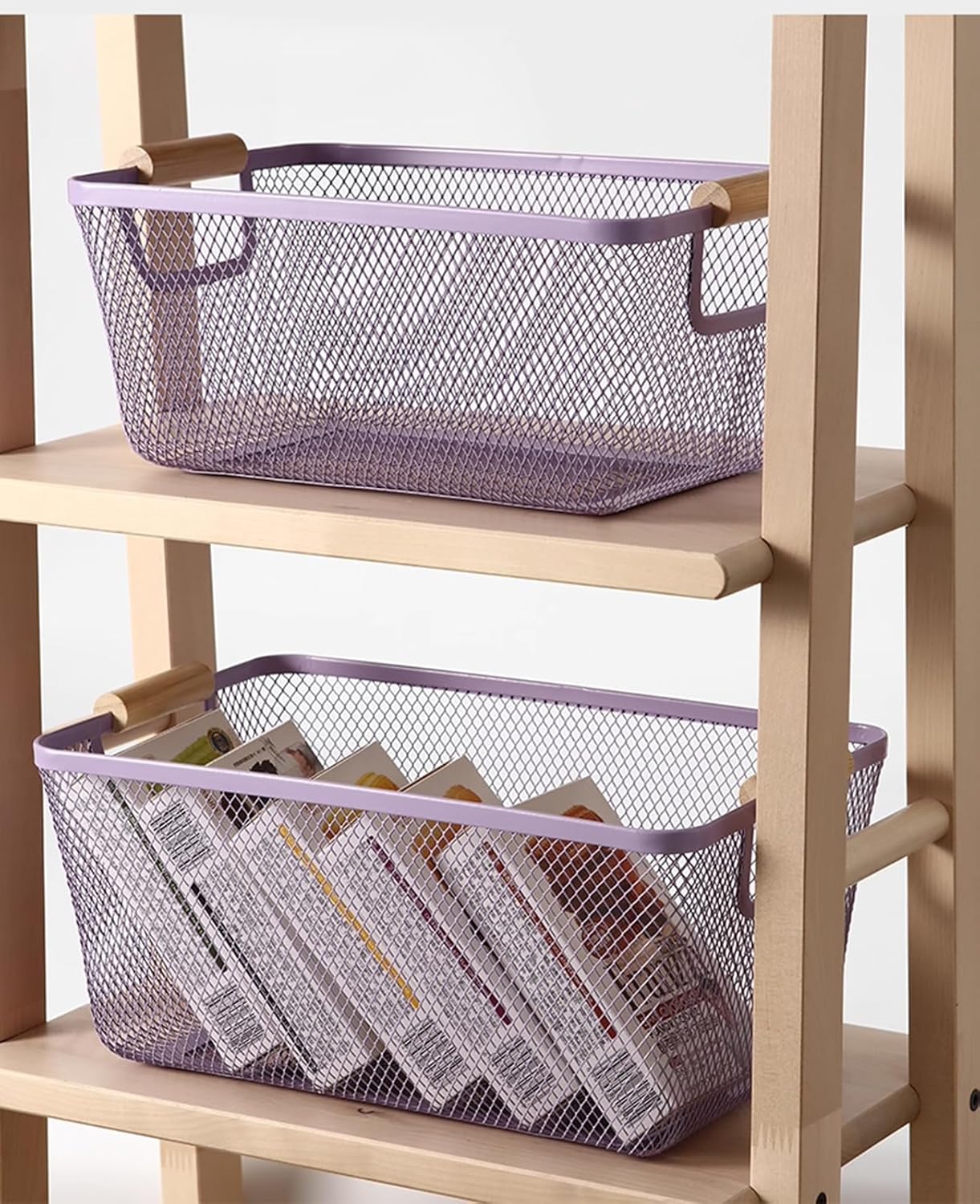 Metal Mesh Steel Basket, Medium Wire Storage Organizer Basket Multi-function Hanging Kitchen Basket with Wood Handle for Kitchen Bathroom Picnic Home, Rectangle-Purple