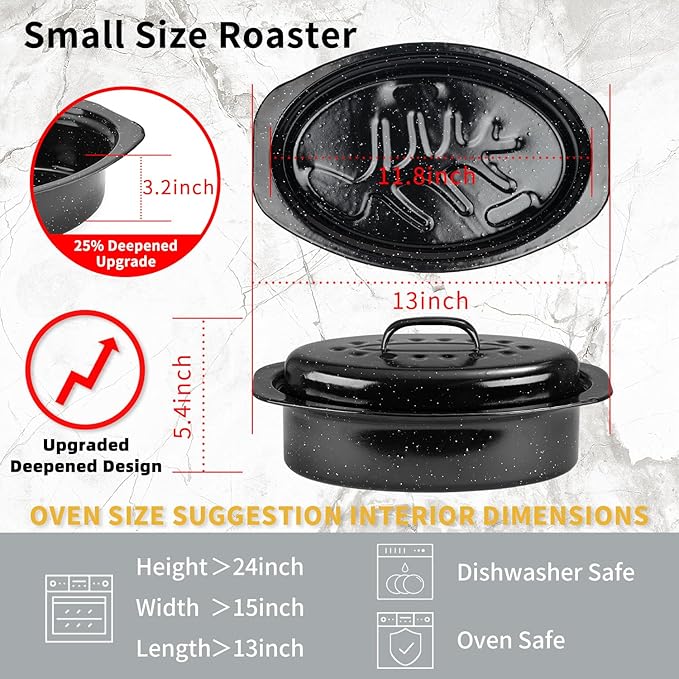 JY COOKMENT Granite Roaster Pan, Small 13” Enameled Roasting Pan with Domed Lid. Oval Turkey Roaster Pot, Broiler Pan Great for Small Chicken, Lamb. Dishwasher Safe Cookware Fit for 7Lb Bird