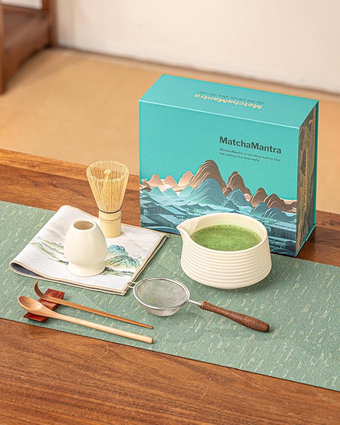 Artisan Matcha Whisk Set - 8 Pcs Premium Matcha Set with Bowl (Chawan), Bamboo Whisk & Tools | Matcha Kit for Making Breakfast/Latte | Gift for Matcha Lovers (White)