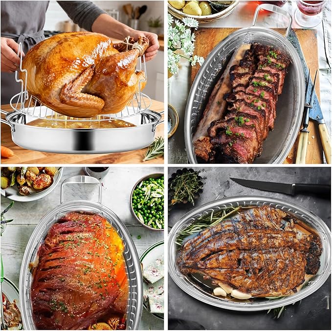 QPMR 22" Stainless Steel Roasting Pan with Lid and Rack,25LB Capacity,Large Roaster Pan for Oven,Nonstick Roasting Pan for Turkey,Chicken,Gifts for Mom,Wife