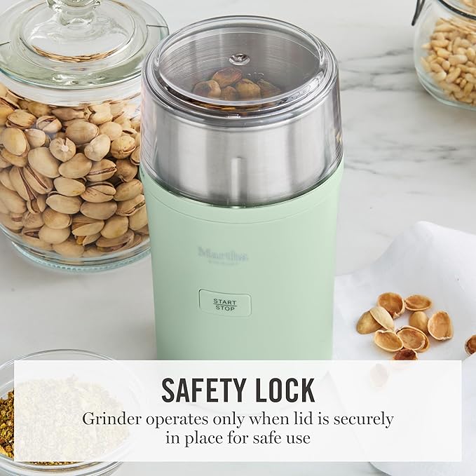 Martha Stewart Electric Coffee & Spice Grinder, Dual 2.5oz Removable Bowls, Storage Lids, Stainless Steel Blades, One Touch Pulse Control, 2-in-1 Compact, Beans & Spices, Herbs & Nuts, Honeydew Green