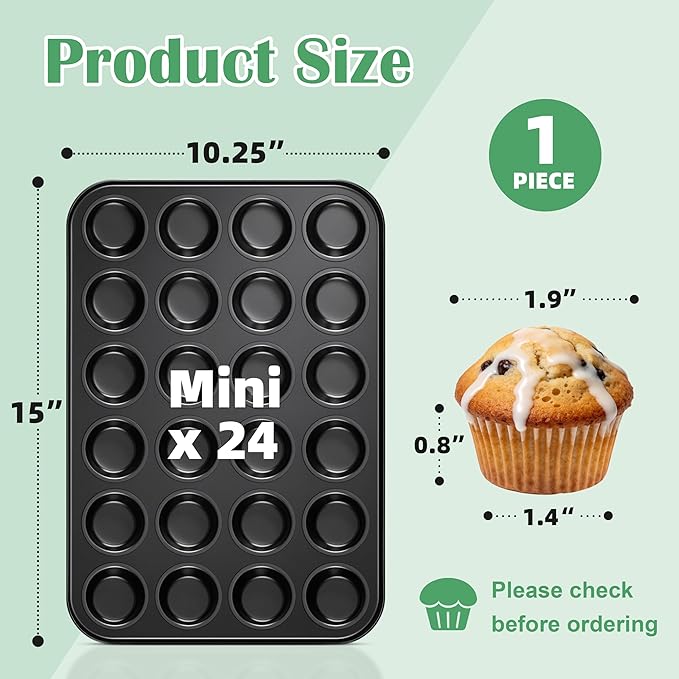 P&P CHEF 24-Cup Mini Muffin Pan Tin, Nonstick Carbon Steel Cupcake Pans, Versatile Bakeware Ideal for Mini Muffin Cupcake Egg Tart Pudding, Oven Safe & Even Bake, Healthy & Easy Clean, Black, 1Pc
