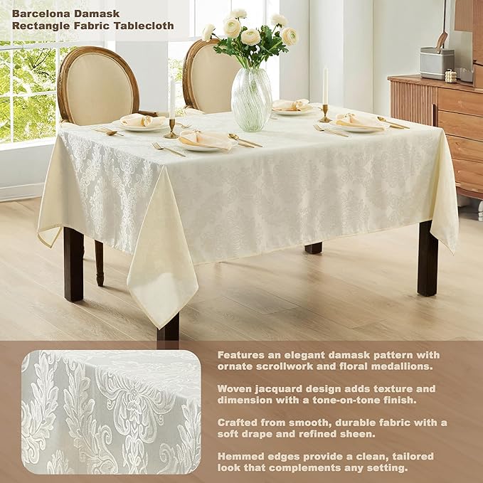 Newbridge Barcelona Luxury Damask Fabric Tablecloth, 52” Wide x 70” Rectangle, Antique White, 100% Polyester, No Iron, Soil Resistant Dining Room, Party and Banquet Table Cover