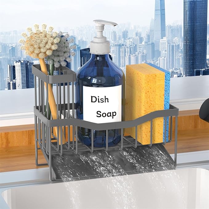 Maifan Sink Caddy Sponge Holder for Kitchen with Brush Holder and Stainless Steel Self Drain Tray, Rustproof Kitchen Sink Organizer for Sponge, Soap Dispenser Storage Accessories Dark Gray
