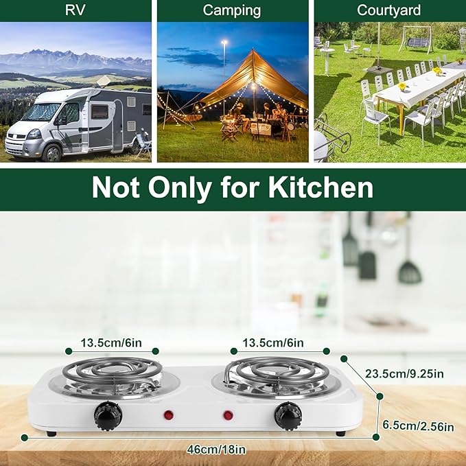 Double Burner Cooktop, 2000W Portable Electric Stove, 5 Level Temperature Control, Easy to Clean, Power Indicator Lights, Coil Hot Plate for Home Dorm Camping Cooking