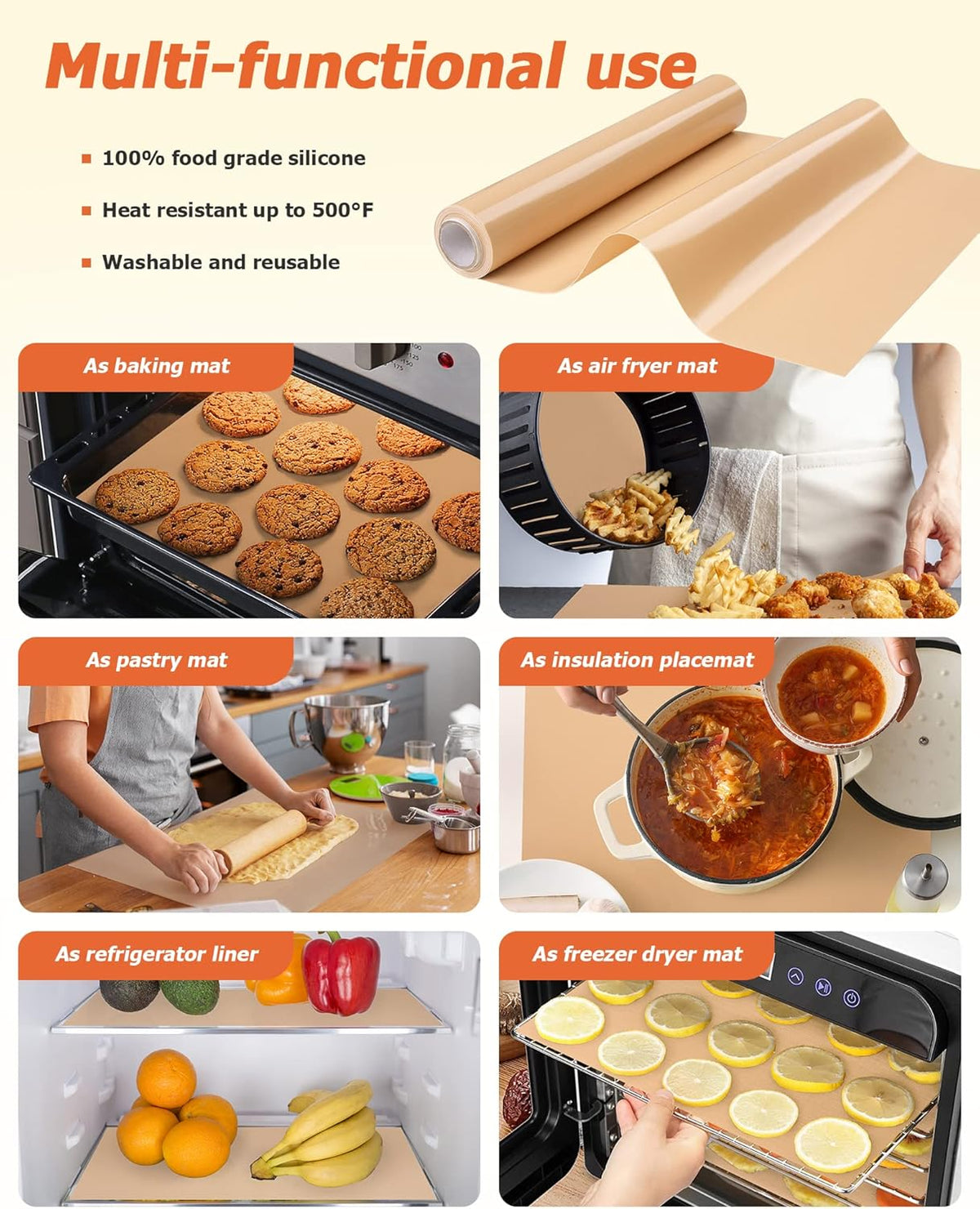 Silicone Baking Mat Roll - Best German Silicone - Non-slip Silicone Pastry Mat, Non-Stick Reusable Air Fryer Linner, Counter Mat, Oven Liner, Freeze Dryer Mat - 12IN x 10.7FT