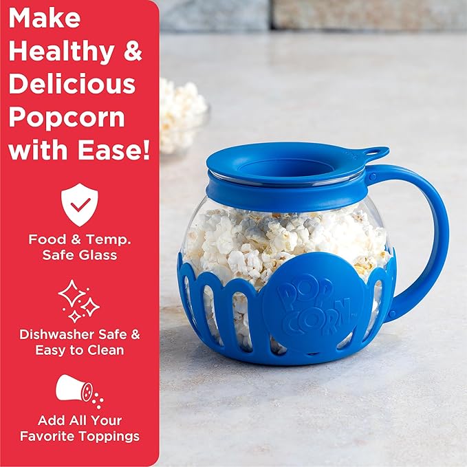 Ecolution Patented Micro-Pop Microwave Popcorn Popper with Temperature Safe Glass,3-in-1 Lid Measures Kernels and Melts Butter,Made Without BPA,Dishwasher Safe,1.5-Quart,Blue,(Pack of 4)