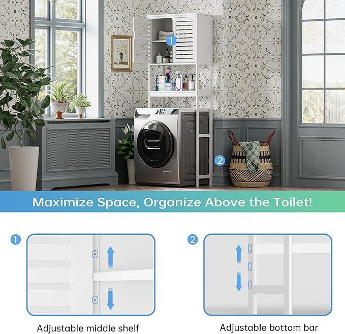 SMIBUY Bathroom Over The Toilet Storage Cabinet, 2 Door Bamboo Cabinet Organizer, Freestanding Space Saver Toilet Rack with Adjustable Inside Shelf and Open Shelf (White)