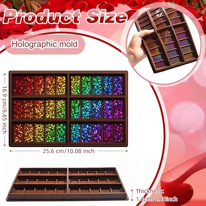 Ziliny Dot Holographic Chocolate Bar Mold Silicone, Rainbow Light Effect Chocolate Bar Deep Thick Molds for DIY Candy Dessert Baking, Candy, Wax Melts, Cake Decoration (Rectangle)