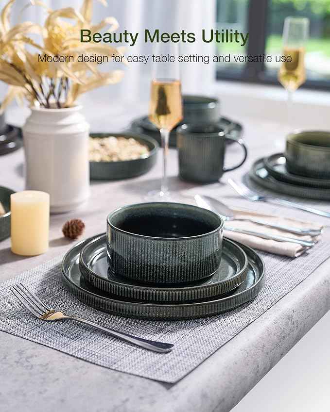Famiware Star Stoneware Dinnerware Sets for 4 (16pcs), Chip and Scratch Resistant, Microwave & Dishwasher Safe Complete Dishes, Pasta Bowl, Cereal Bowl, Dinner Plate, Salad Plate, Ribbed, Deep Forest