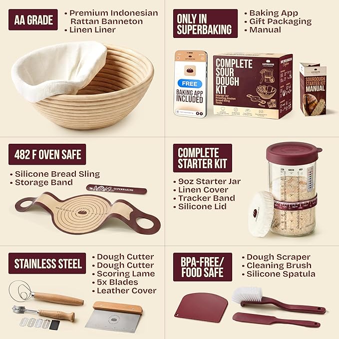 Superbaking Sourdough Starter Kit, 9" Splinter-Free Banneton Bread Proofing Basket Set with Non-Stick Silicone Dough Sling & Glass Starter Jar Kit, Sourdough Bread Baking Supplies, Sourdough Tools