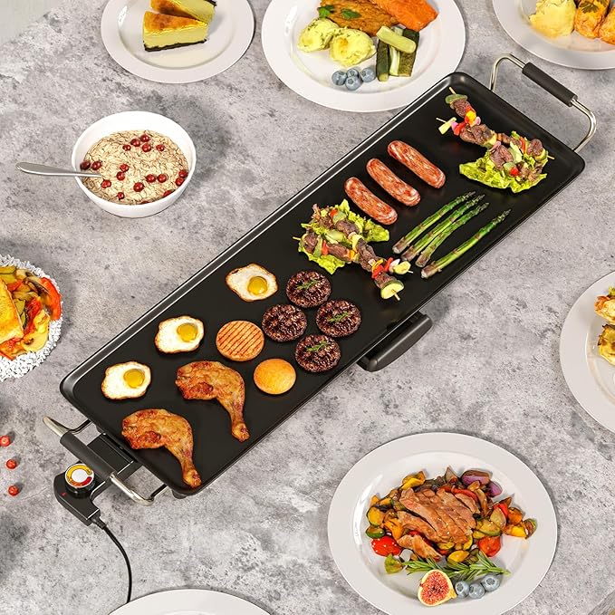 LDAILY Extra Large Nonstick Electric Griddle, Teppanyaki Grill BBQ W/ 4 Adjustable Temperature, Even Heating & Handles, Long Table Top Pancake Griddle Grill for Indoor & Outdoor Party, Camping（27’’）
