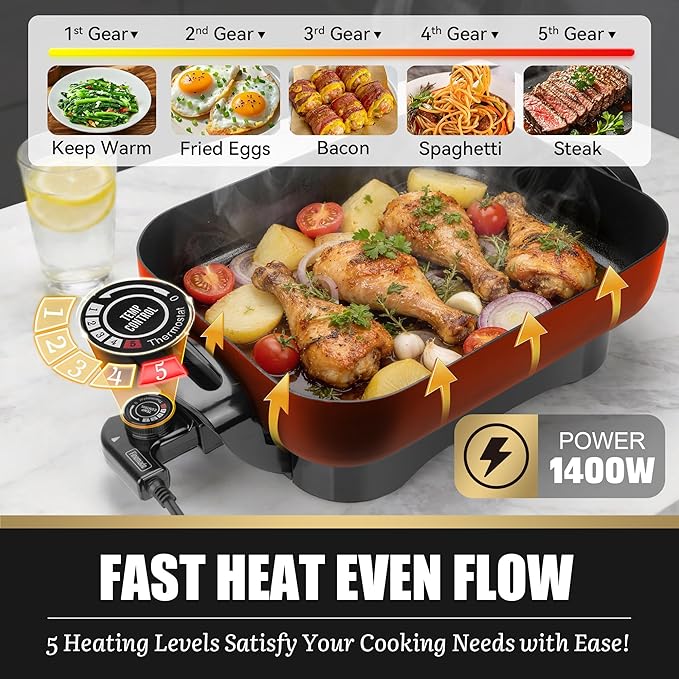FineMade Family Size Electric Skillet with Lid, XL Electric Skillet, Deep Skillet, Temperature Control, Square 15 x 11.5 Inch Ceramic Nonstick Interior, Graphite