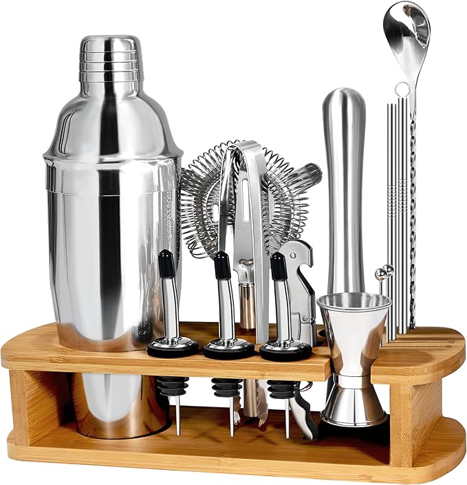 CasaCulina Cocktail Shaker Set Mixology Bartender Kit with Stand, 17 Piece Bar Tool Set: Martini Shaker, Jigger, Strainer, Mixer Spoon, Muddler, Liquor Pourers for Drink Mixing Bartending Kit(Silver)