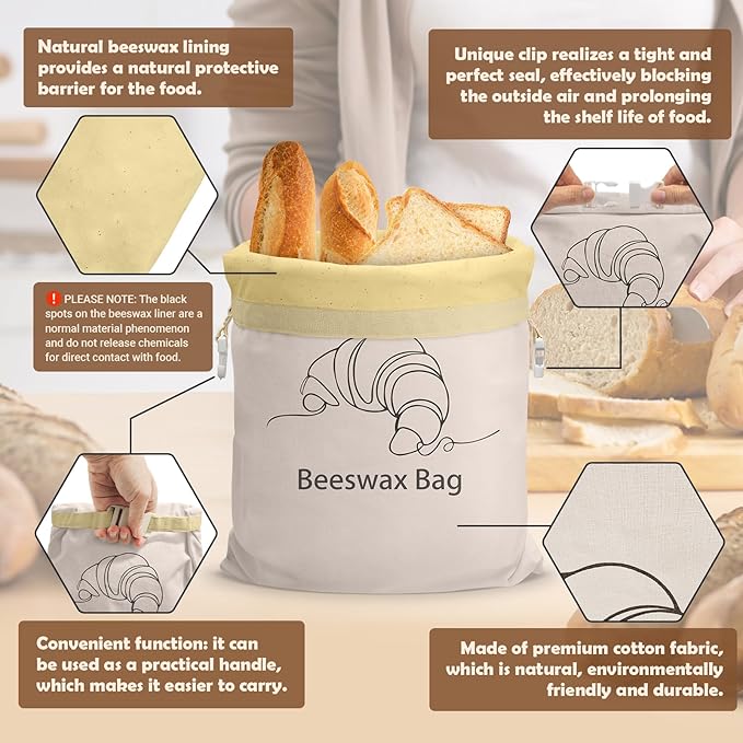 Cotton Beeswax Bread Bag (2 Pack) Reusable Double-Lock Freezer Safe for Homemade Sourdough Bread Food Storage Gifts for Sourdough Bakers (Pattern 1)