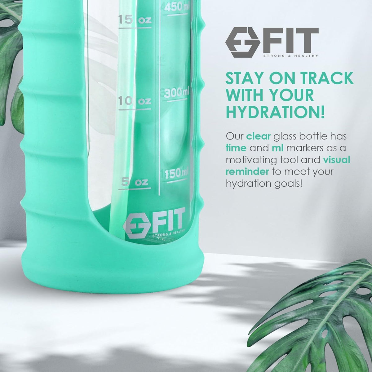FIT Strong & Healthy 32 oz Glass Water Bottle with Straw Lid, Time Marker, Sleeve & Extra Lid - Motivational, Wide Mouth 1 Liter Glass Drinking Bottle