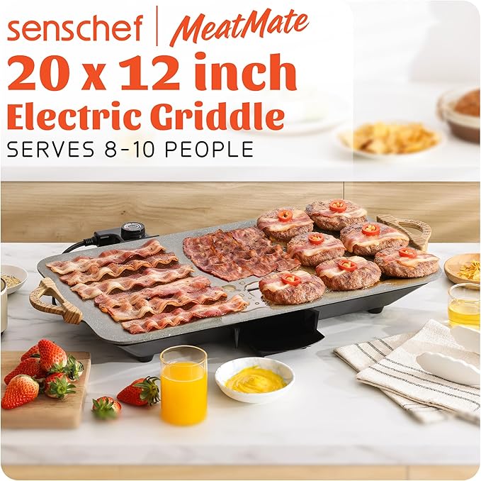 12x20inch Electric Griddle by BBQ Masters–1700W Nonstick ILAG Granite Surface, Large Sloped Design, Perfect for Family Meals, Pancakes&Eggs, Fast Even Heating, Easy to Clean, Granite Grey