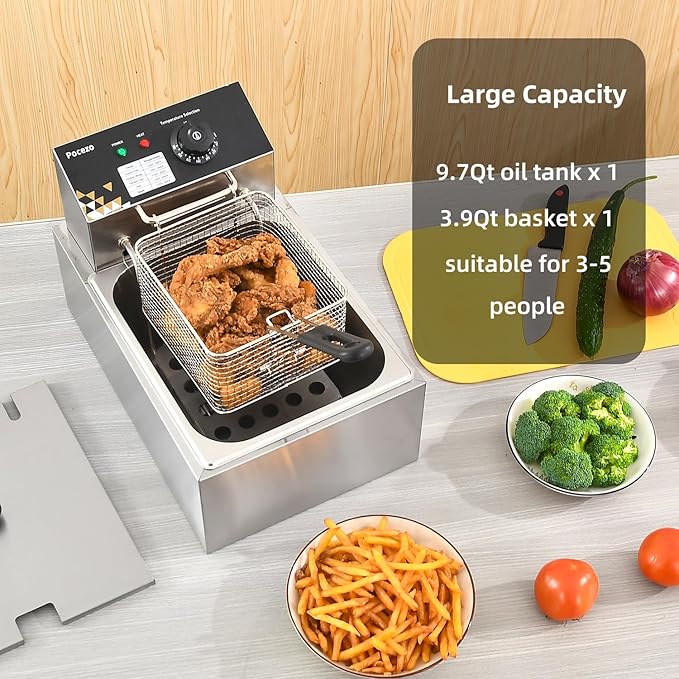 Electric Deep Fryer 10L/10.5QT Stainless Steel Single Tank Commercial Fryer with Basket, 1700W 110V Countertop Deep Fryer for Home Kitchen and Restaurant Use with Oil Thermometer & Temperature Control
