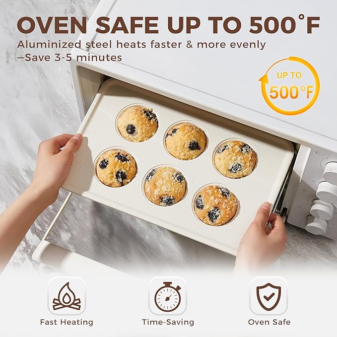 HONGBAKE 2 Pack Nonstick Ceramic Muffin Pan, 12 Cup Muffin tin for Baking, Non-toxic Cupcake Pan, Heavy-duty Aluminized Steel Cupcake Tray with Diamond Texture, Easy To Clean (Cream, 2PCS)