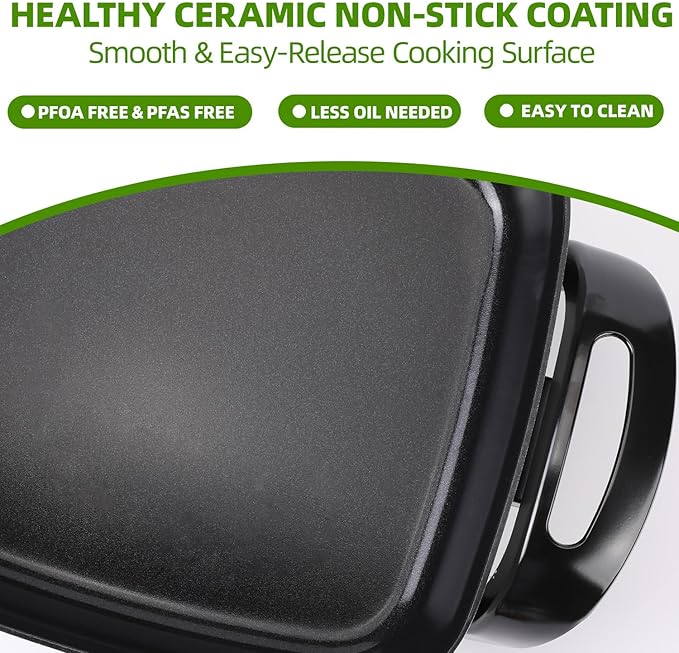 12'' Ceramic Nonstick Electric Skillet with Tempered Vented Glass Lid, Scratch-Resistant Surface, Cool-Touch Handles, Removable Easy-to-Clean, 120V 1200W 60Hz, Green