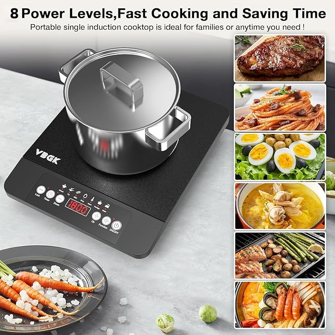 VBGK Single Burner Induction Cooktop,1800W Portable Induction Cooktop,110V Hot Plate with LCD Sensor Touch, 7 Temp Levels up to 518°F, Safety Lock, 4-Hour Timer, 9 Heat-Resistant Cooking