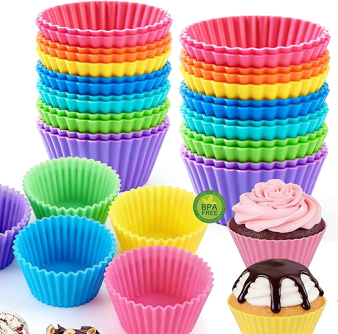 Reusable Non-Stick Silicone Baking Cups, Food Grade BPA Free Cupcake Muffin Liners, Oven & Dishwasher Safe Easy Release, Multicolor Rainbow, 24 Pack, for Muffins Cupcakes
