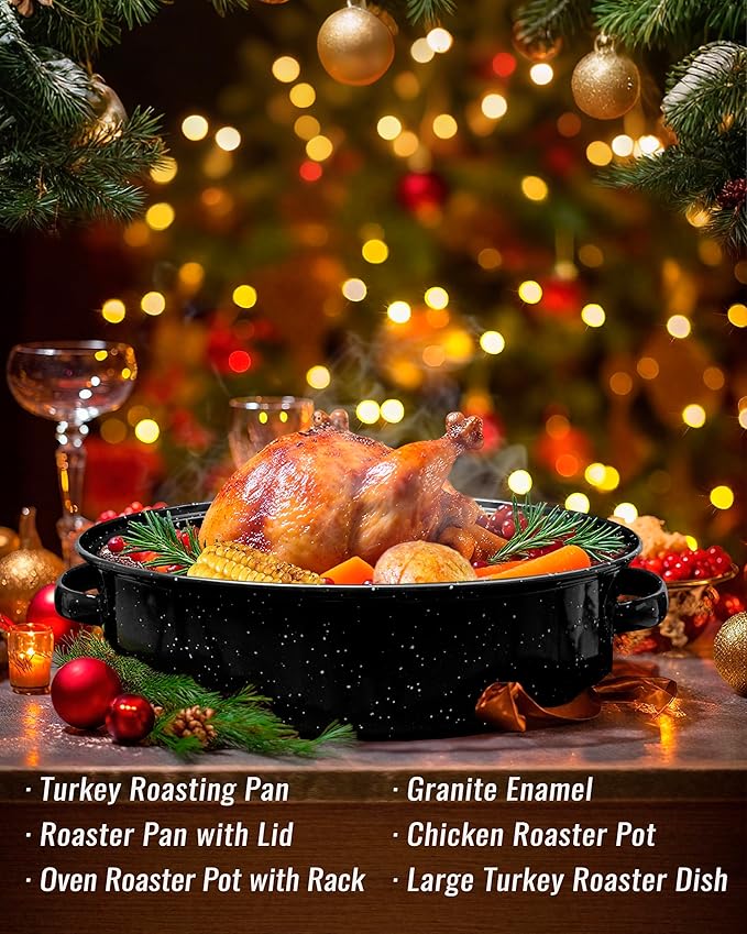 Roasting Pan with Lid & Rack 18 Inch Extra Large Deep Oven Baking Pot, Enamel Granite Non-Stick Oval Carbon Steel Pot for Turkey Chicken Ham Steak Non-Toxic for Mother Day Gift Roaster Pan