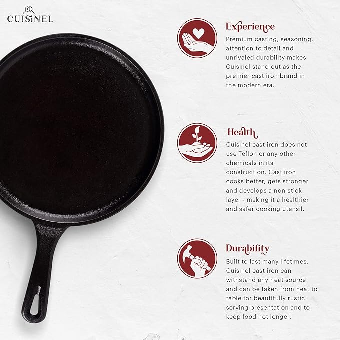 Cast Iron Round Griddle - 10.5”-Inch Crepe Maker Pan + Silicone Handle Cover - Pre-Seasoned Comal for Tortillas Flat Skillet - Dosa Tawa Roti Grill - Oven, Stovetop, Induction Safe. PFAS and PFOA-free