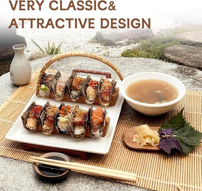 Wooden Taco Holder Stand for Sushi Hand Roll, Temaki & Sushi Roll – 1/2/3/5 Slot Sushi Display Tray, Natural Wood Serving Platter (2 pcs per Pack) (5 Slot (2 pcs))