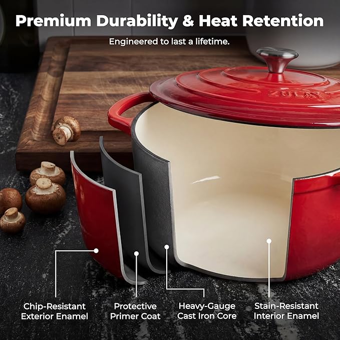 Zulay Kitchen 6.4 Quart Enameled Cast Iron Dutch Oven Pot with Lid – Premium Durability & Oven Safe up to 500°F – Heavy Duty Cookware Perfect for Bread Baking, Stews, Braising & Roasting - Ablaze Red