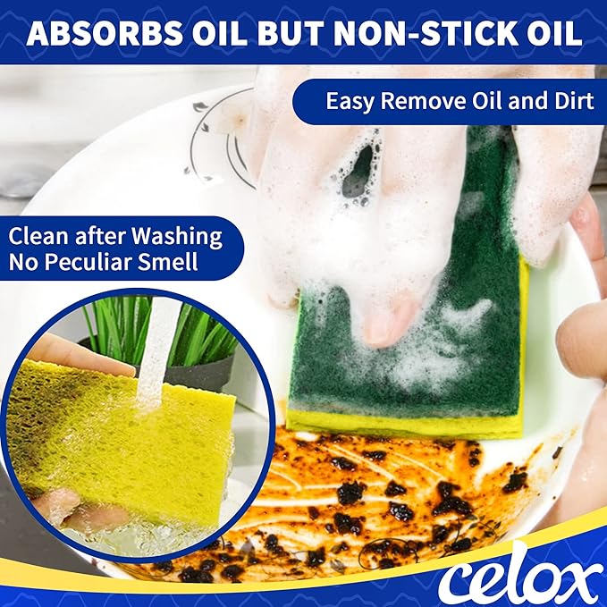 CELOX 24 Pack Dish Sponge for Kitchen, 2 Pack Dish Brush with Soap Dispenser for Kitchen Cleaning