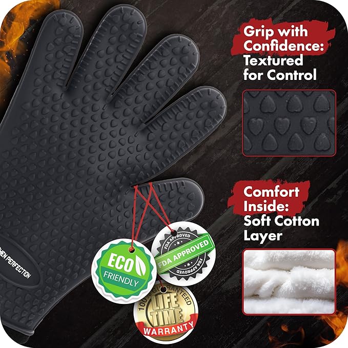 Kitchen perfection XL Silicone Smoker Oven Gloves-Extreme Heat Resistant BBQ Gloves-Handle Hot Food Right on Your Grill Fryer&Pit|Waterproof Grilling Cooking Baking Mitts|Superior Value Set+3 Bonuses