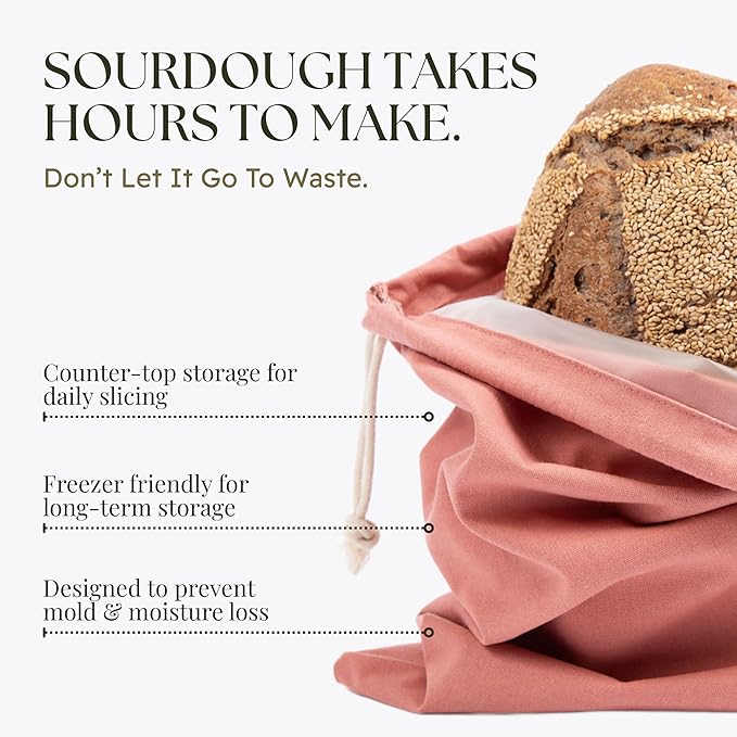 Sourdough Bread Bags for Homemade Bread, 2 Pack, Reusable Cotton Linen, Machine Washable, Freezer Safe - BPA-Free TPU Liner, Fits 2 Loaves Each, Beeswax Wrap Alternative, Drawstring Closure