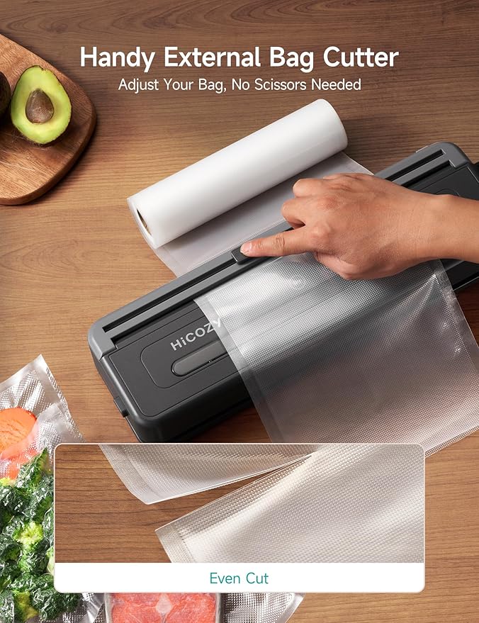 HiCOZY Compact Vacuum Sealer for Food, 5-in-1 Functions Vacuum Sealer with Double Heat Seal, Built-in Cutter, 10 BPA-Free Bags, Gray