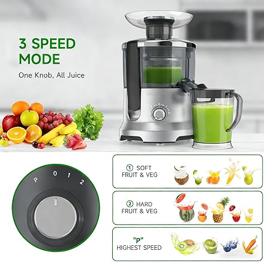 HealSmart Centrifugal Juicer Machines, 500W Juice Extractor with 2" Feed Chute and Trays for Vegetables & Fruits, Electric Juicer with 3-Speed Rapid Juicing, BPA-Free, Compact Design, Silver
