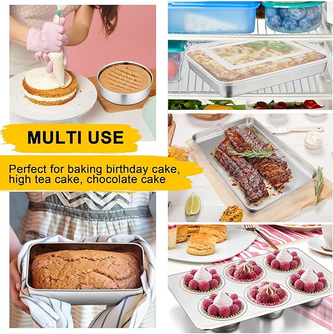Bakeware Sets, P&P CHEF 9-Piece Stainless Steel Baking Pans Set, Round/Square Cake Pan, Toaster Oven Pan, Lasagna Pan, Loaf Pan, Pizza Pan, Muffin Pan, Dishwasher Safe & Durable, Healthy & Non-toxic
