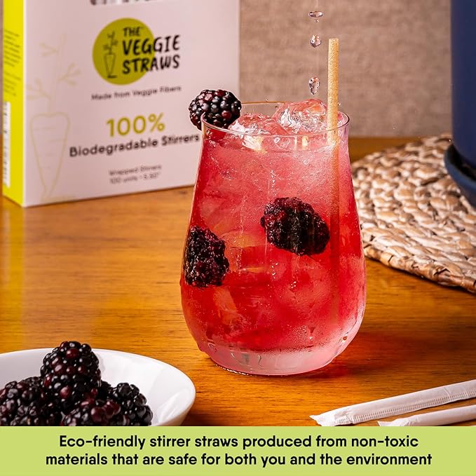 100% Biodegradable Individually Wrapped Cocktail Stirrers – 100 PCS of 5.50 Inches Premium Quality Disposable Coffee Stirrers, Best Biodegradable Stirrers for All Drinks – By The Veggie Straws