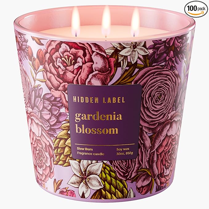 Hidden Label Gardenia Blossom Scented Candle, 30oz Large 3 Wick Natural Soy Wax Candle, 100 Hours Slow Burn Aromatherapy Candle for Stress Relief, Relax & Sleep, Gifts for Women & Men