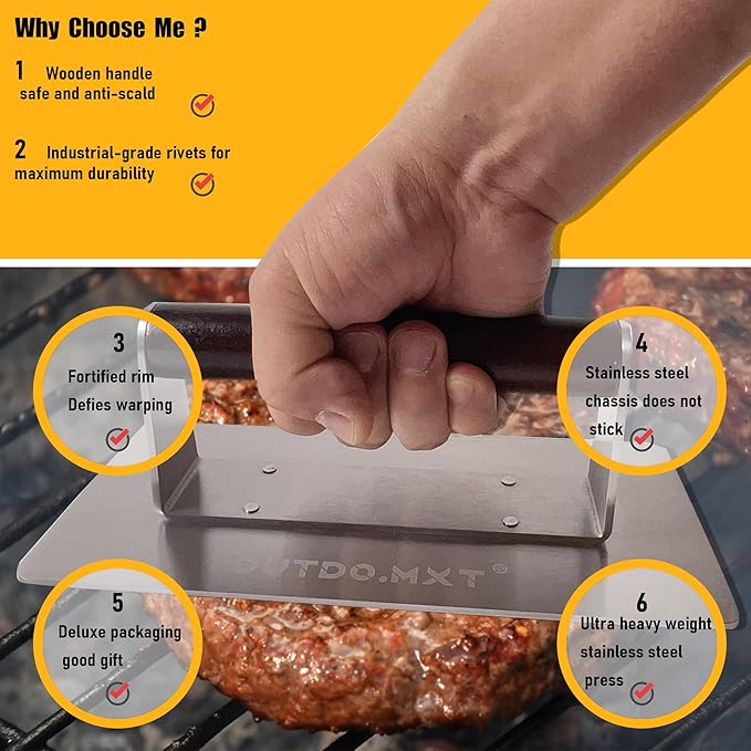 Stainless Steel 9X4.2“ Smash Burger Press,1.9lb Heavy Duty Burger Smasher with Wooden Handle and Velvet Storage Bag for Griddle,Grill Press for Hamburger, Bacon,Steak, Barbecue Grilling Tool