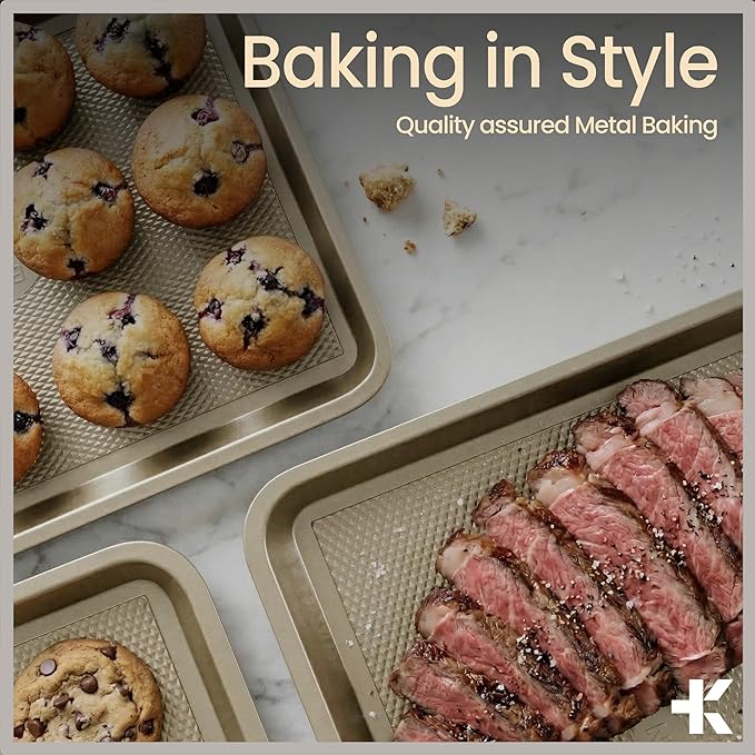 Diamond Bottom Cookie Sheet Set of 3, Nonstick Gold Carbon Steel Baking Pans for Crisp Baking, Space-Saving Stackable Trays, PFOA, PFOS, PTFE Free, Oven Safe Up to 450°F, Small, Medium & Large Sheets