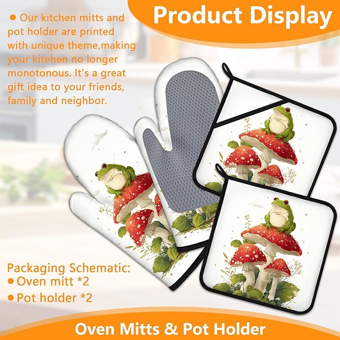 Frog Mushroom Oven Mitts and Pot Holders Sets 4Pcs Silicone Non-Slip Mitts Heat Resistant Gloves Hot Pads for Kitchen Cooking Baking Grilling BBQ