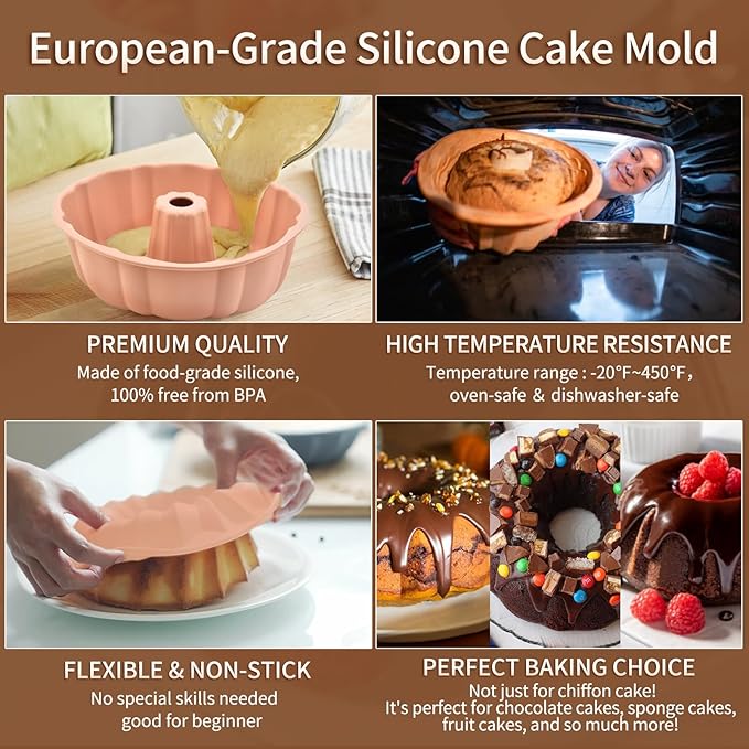 PADELE 2 Pack Silicone Cake Pan Nonstick,10 Inch, Silicone Cake Molds,Pound Cake Pan, Baking Cake Pan for Jello,Gelatin,Cake,Brownie and Bread（Pink+Blue）