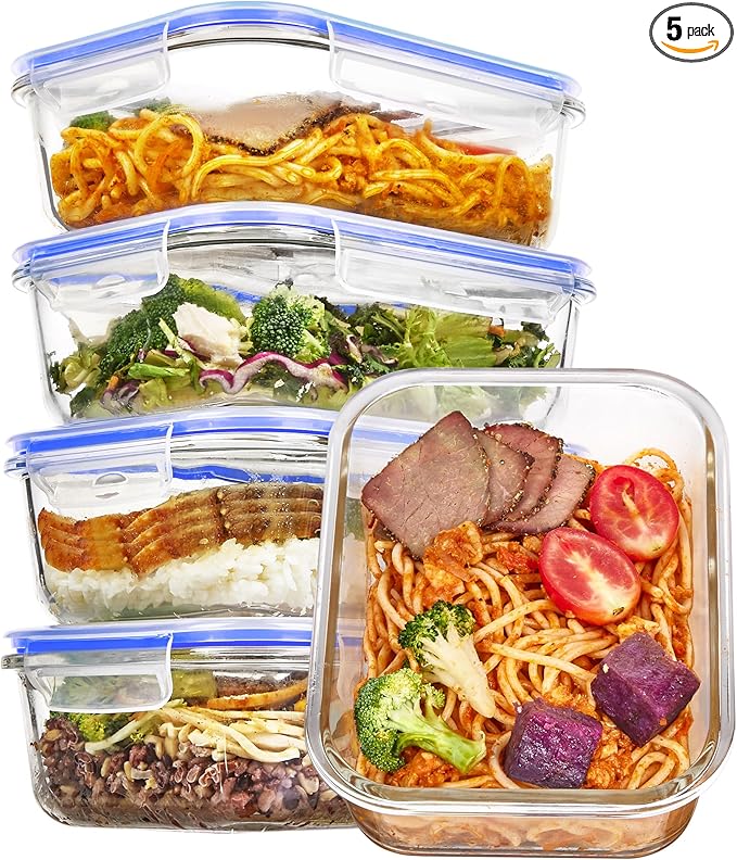 Vtopmart 5 Pack 35oz Glass Food Storage Containers with Lids, Meal Prep Containers, Airtight Reusable Lunch Container Set, Safe for Oven, Microwave, Freezer, and Dishwasher, Blue