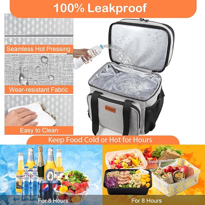 Double Decker XLarge Lunch Box, Insulated Heavy Duty Lunch Bag Waterproof Leakproof Durable Cooler Bag for Men Women Adults Work Picnic Camping Trip, 22L, Grey