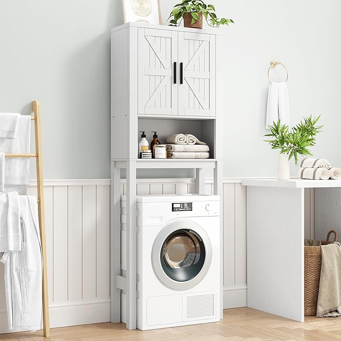 IDEALHOUSE 23.6 Inches Wide Toilet Rack with Over The Toilet Storage Cabinet, Bathroom Shelf Organizer with Anti-Tip Device, Small Freestanding Space Saver with Adjustable Shelf (White 23.6" W)